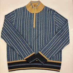 Wales Bonner Orchestre Linen Half-Zip Sweater XL Blue Argyle NWT